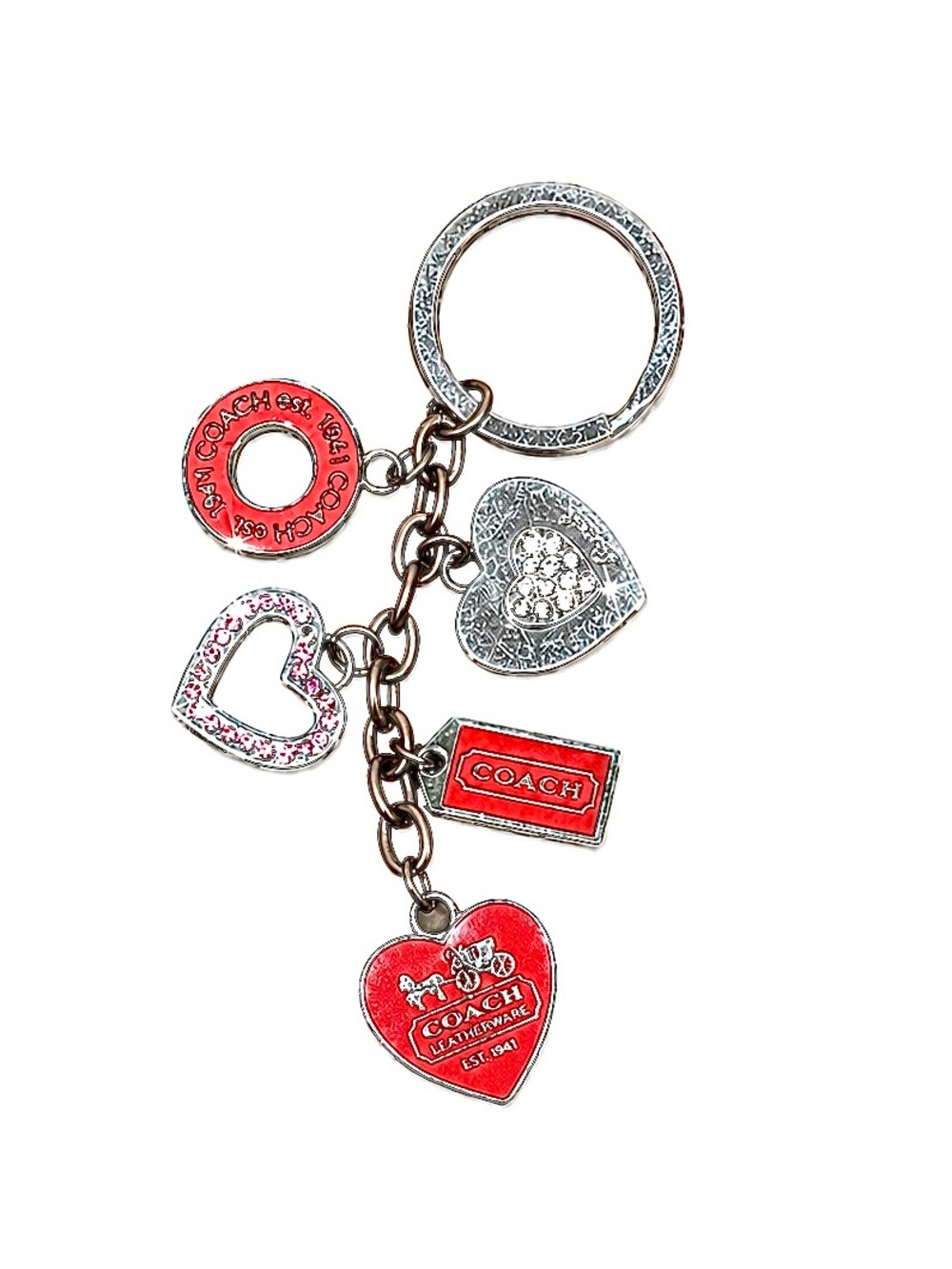 COACH Vintage Y2K Signature Enamel Red Multi Heart Charm Keychain